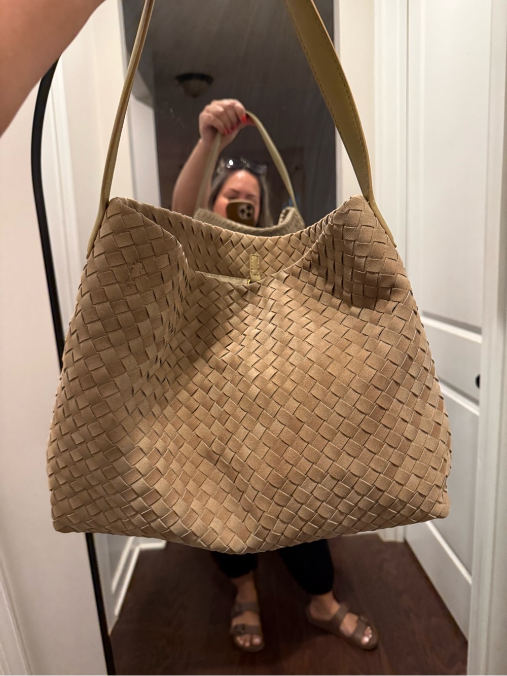 Woven Suede Shoulder Bag in Tan